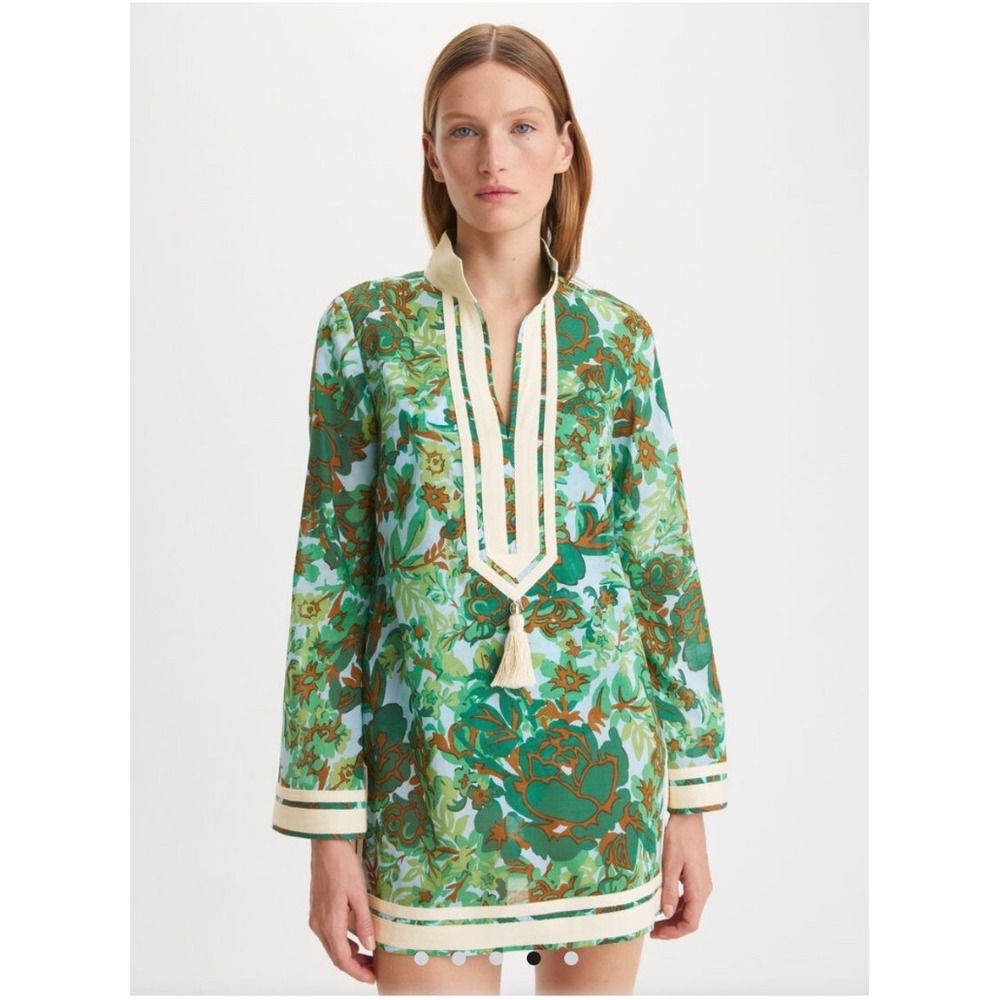 Tory Burch Printed Tory Green Rayure Fleurie Floral Cotton Voile Tunic - Picture 3 of 4